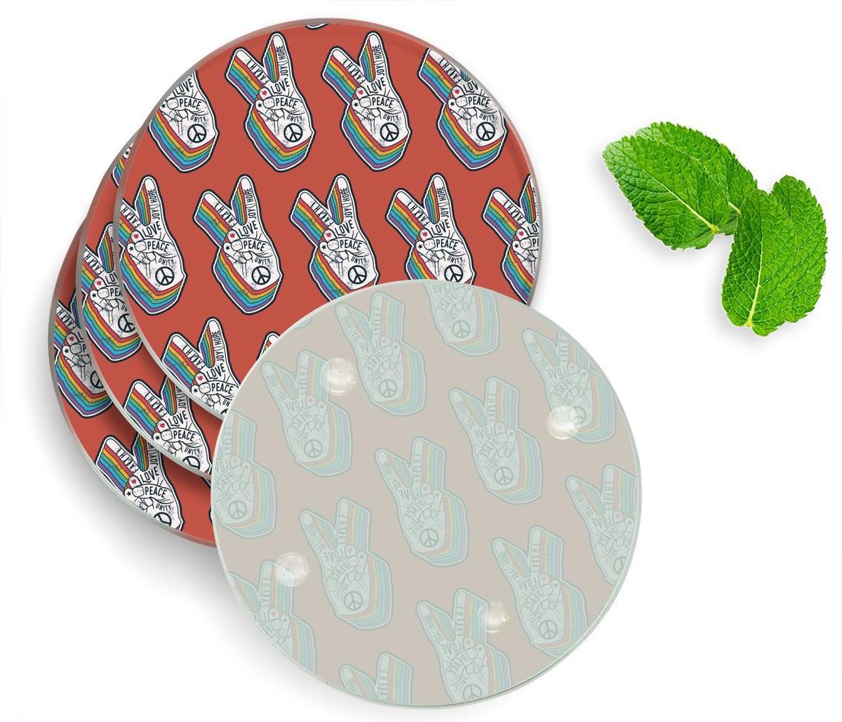 4 Luxe Glazen Onderzetters - Design Love & Peace - Rond