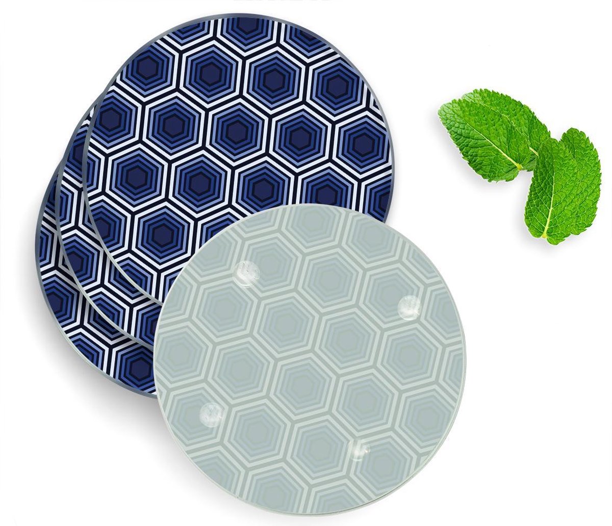4 Luxe Glazen Onderzetters - Blauwe Hexagons - Rond