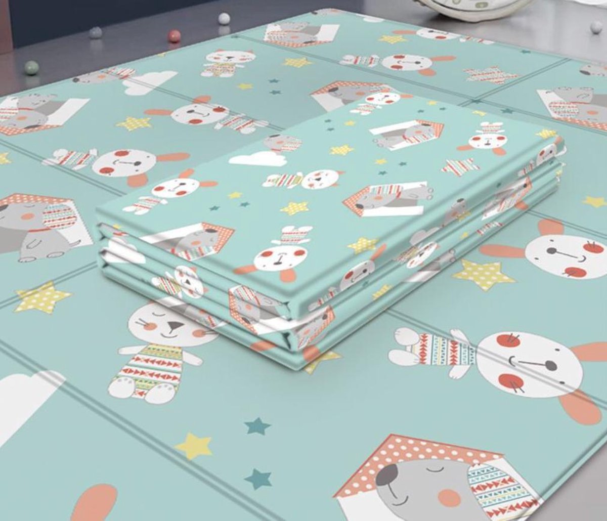 ViKids XXL Speelkleed met Zijdeachtige Oppervlaktelaag 200*180*1cm - Anti-val & Opvouwbaar & Waterbestendig Speelmat - Foamen Speeltapijt - Schattige Konijnen & Baby lengte meting
