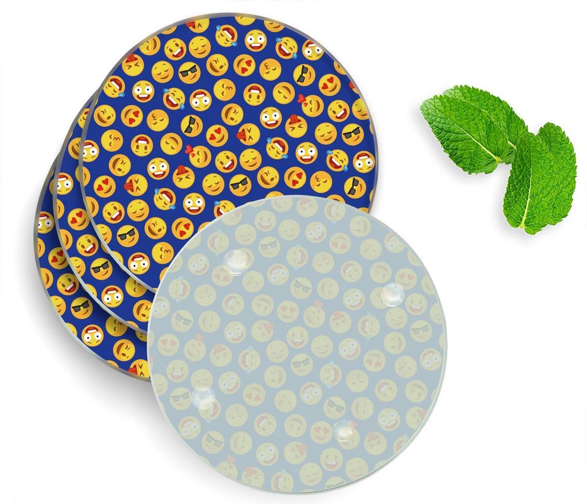 4 Luxe Glazen Onderzetters - Design Emoji - Rond