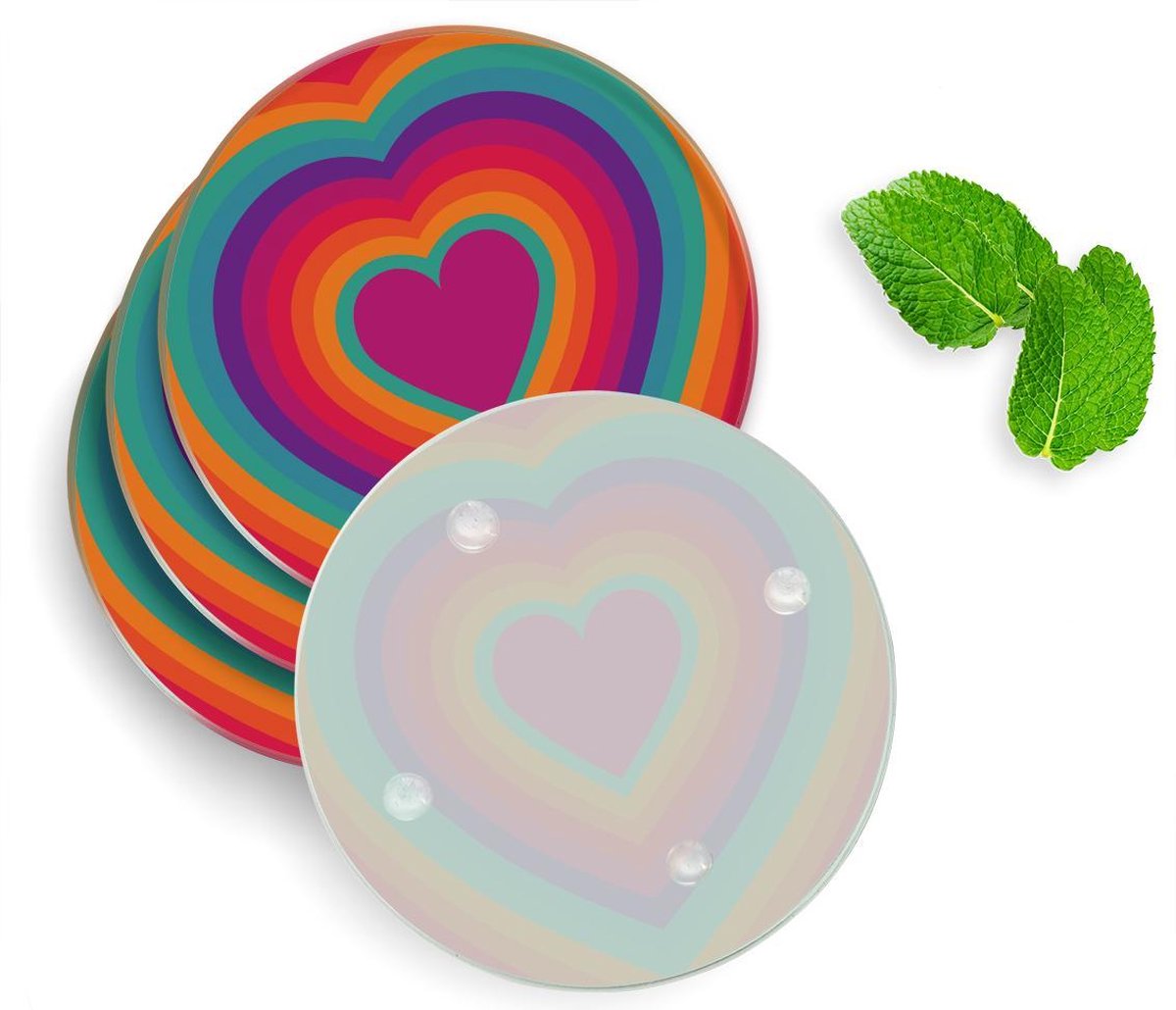 4 Luxe Glazen Onderzetters - Design Hippie Hart - Rond