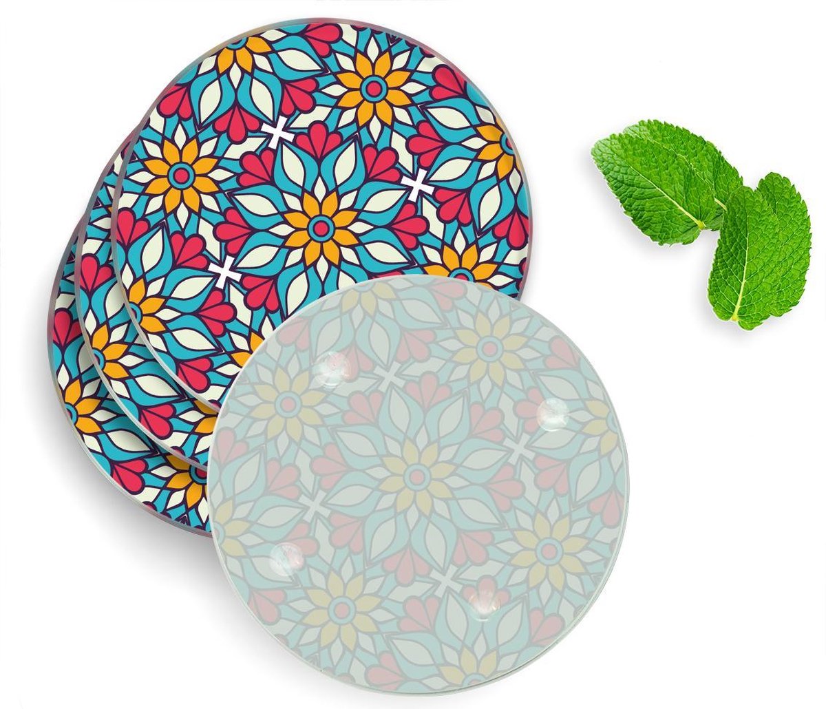 4 Luxe Glazen Onderzetters - Design Robuuste Mandala - Rond