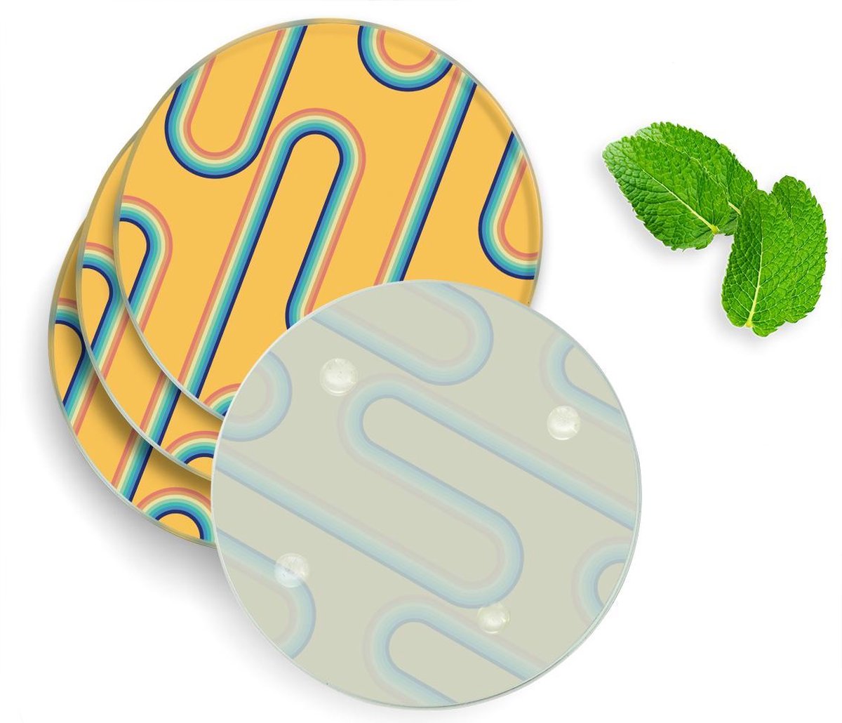 4 Luxe Glazen Onderzetters - Design Retro Regenboog - Rond
