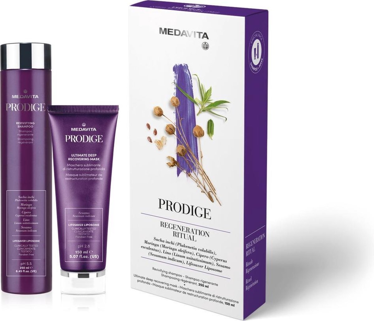 Medavita Prodige natuurlijke herstellende shampoo 250ml en conditioner 150ml| elegante duo box | voor beschadigd haar