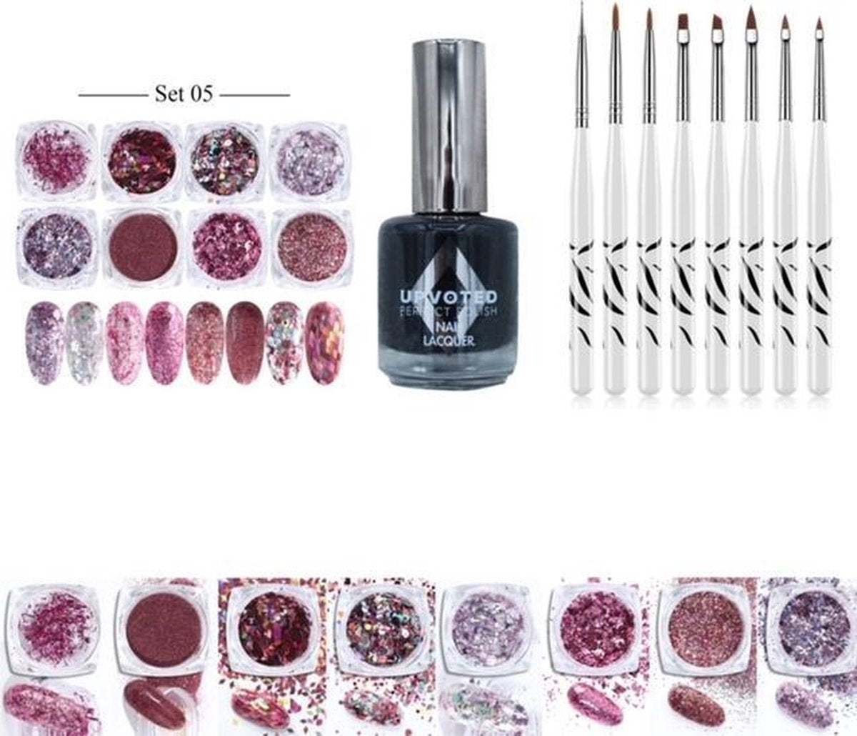 GUAPÀ - Nail Art Glitter Poeder Nagellak & Penselen Set - Rosé Nagel Versiering + Zwarte Nagellak
