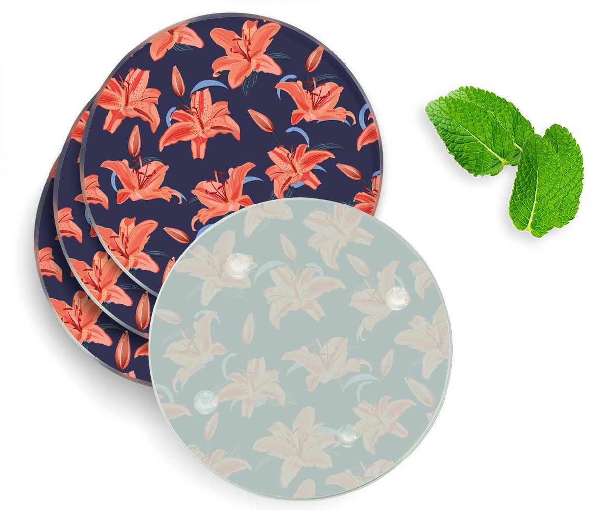 4 Luxe Glazen Onderzetters - Design Flowers - Rond