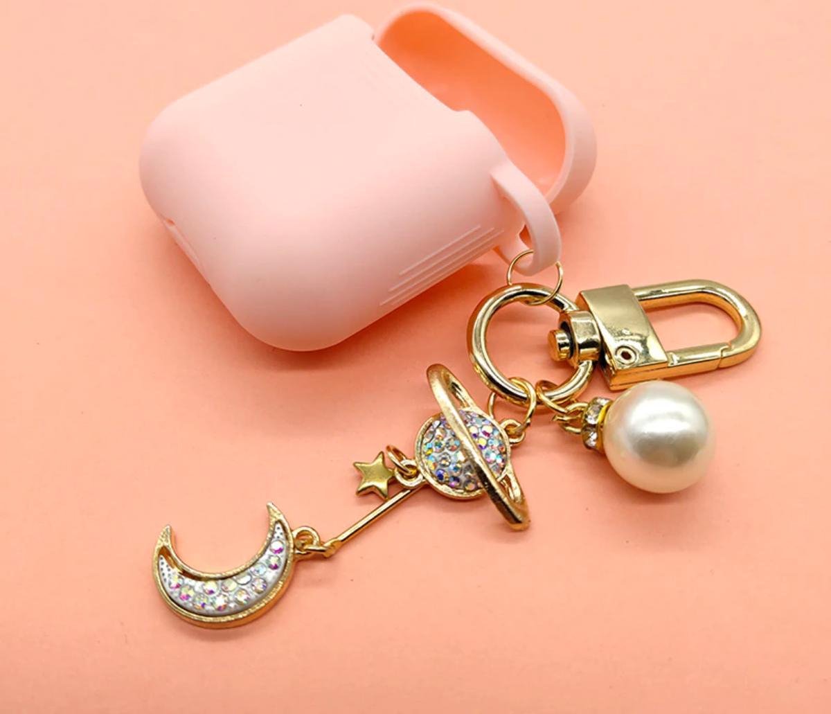Cover Case voor Apple AirPods 1 en 2 (Siliconen) - Roze Maan en Saturnus