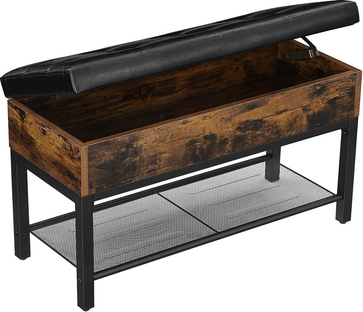 Nancy´s bank - Schoenenbank - Schoenenkast - Bedkast met opbergruimte - Schoenenrek - Kunstleder - Industrieel - Spaanplaat - Vintage - Bruin met zwart