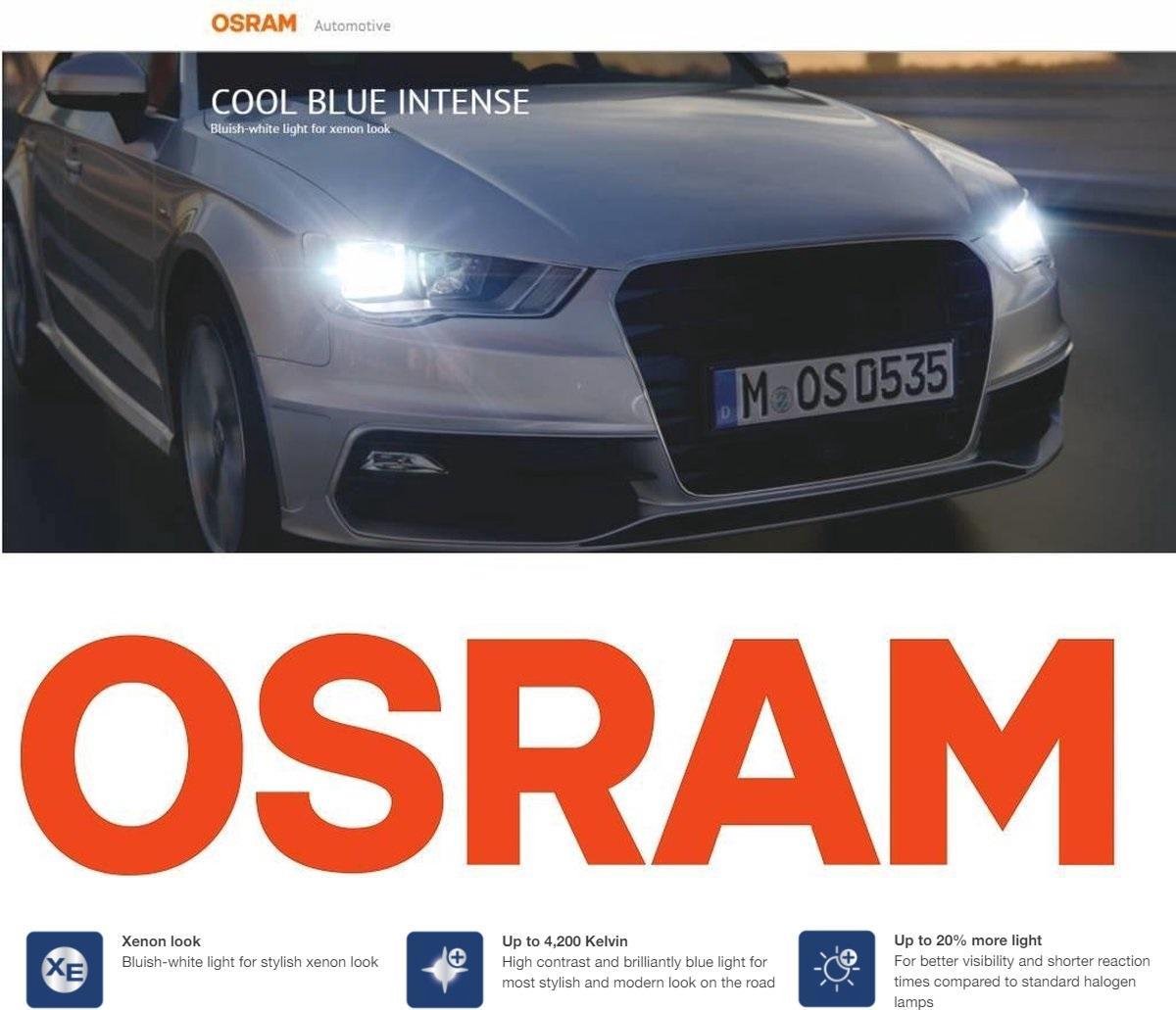 2 stuks Osram Cool Blue Intense H4 Koplampen Auto lampen Autolampen Verlichting Dimlichten Grootlichten Dimlicht Grootlicht Mistlicht Mistlampen Bochtverlichting Dagrijverlichting 4200K Tot 20% meer licht blauwachtig witte xenon look lampen