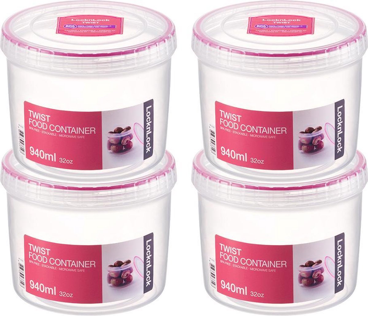 Lock&Lock - Twist Vershoudbakjes | Voorraadbussen | Bewaardozen voedsel - 940 ml - Rond - Set van 4 stuks