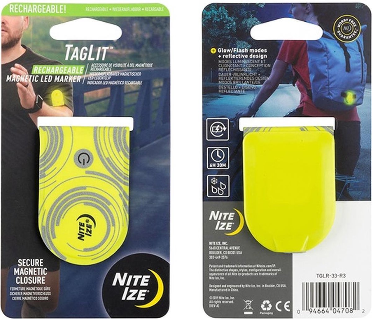 Nite Ize TagLit Oplaadbare Magnetische Led Markeer Lampje Fluo Geel - Ledlampje voor op je T-shirt