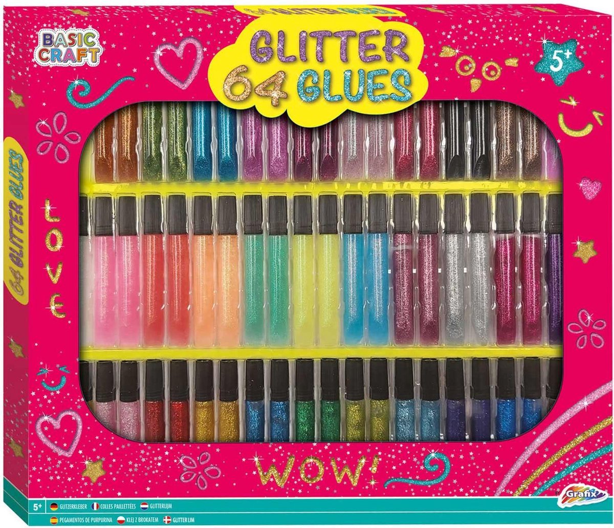 Glitterlijm | 64 tubes - 32 verschillende kleuren x 2 tubes | 10 ML per tube | Grafix