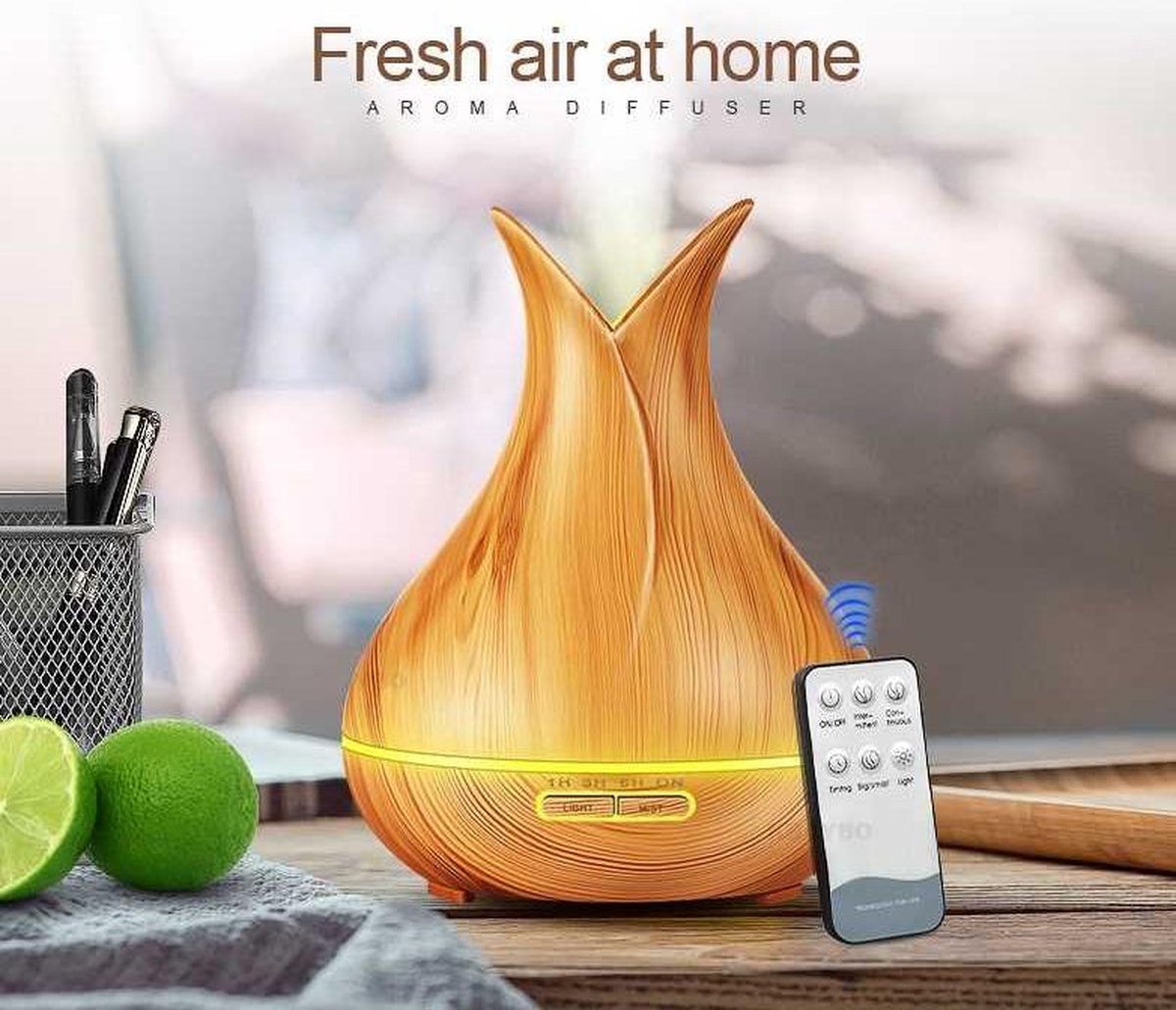 iBello Aroma Diffuser Luchtbevochtiger LED Afstandsbediening Licht Hout Look