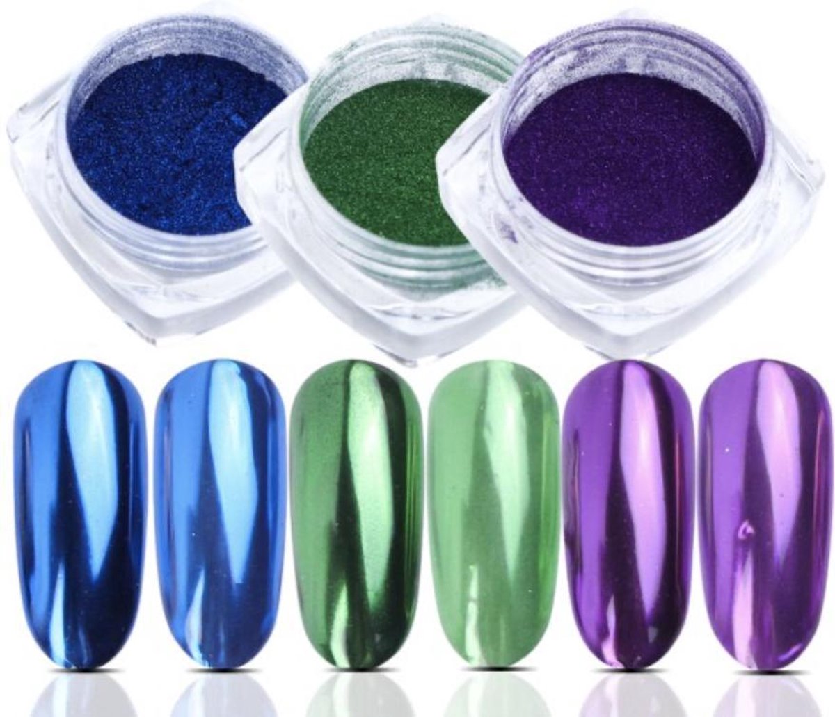 GUAPÀ - Holografische Glitter Poeder Set - Paars & Blauw & Groen - Nail Art & Nagel Decoratie Chrome Nails - 3 stuks
