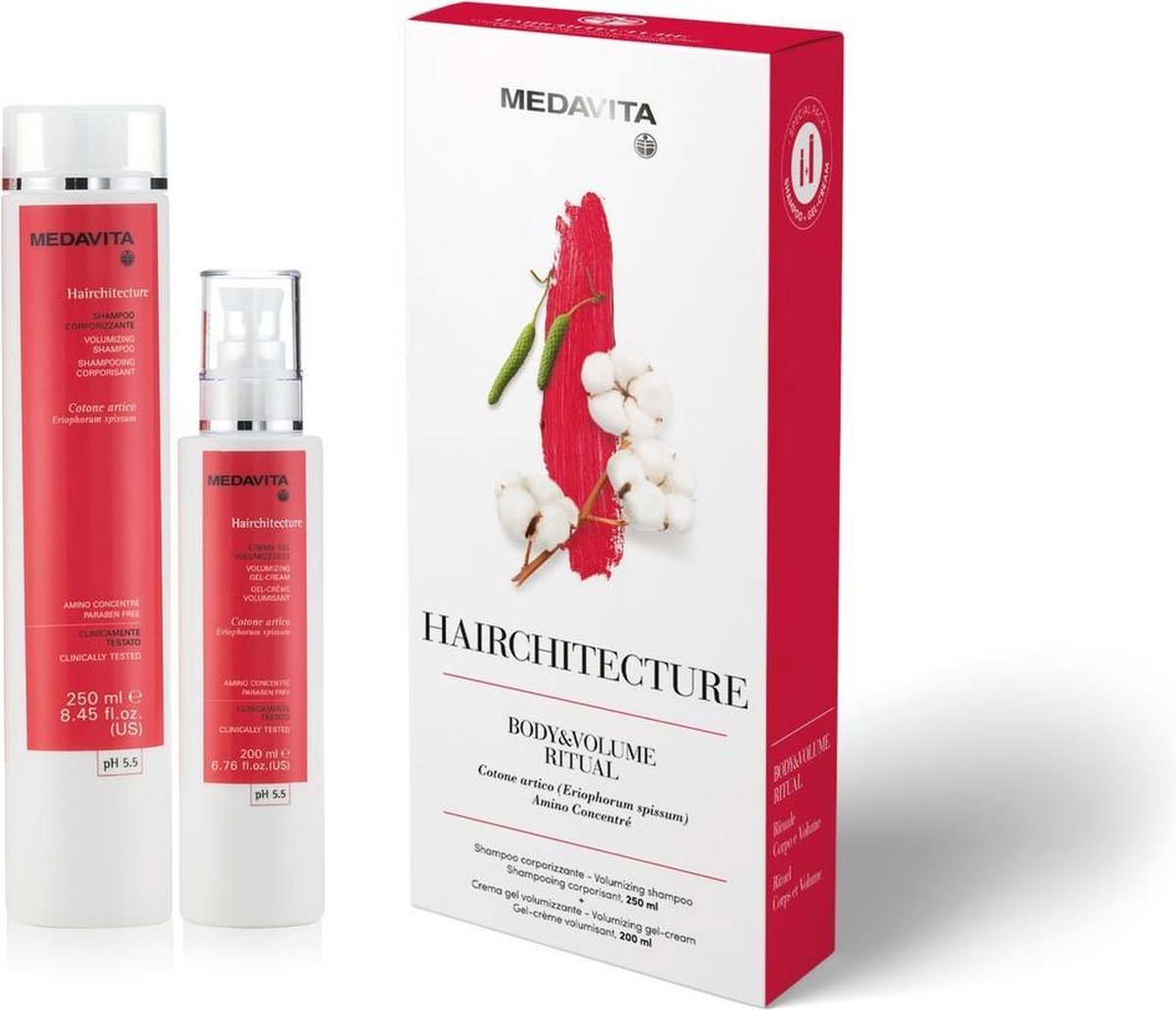 Medavita Hairchitecture volume shampoo 250ml en leave in gel 200ml met natuurlijke ingrediënten | elegante duo box | voor dun en fijn haar