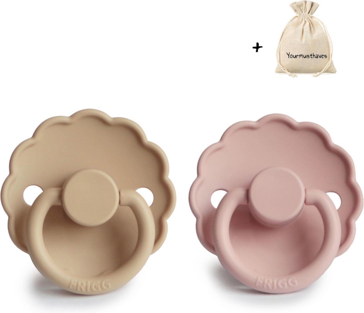 FRIGG | Fopspeen Duo | T1 | 0-6 maanden | Daisy | Natuurrubber | Blush + Croissant | Met YOURMUSTHAVES speenzakje