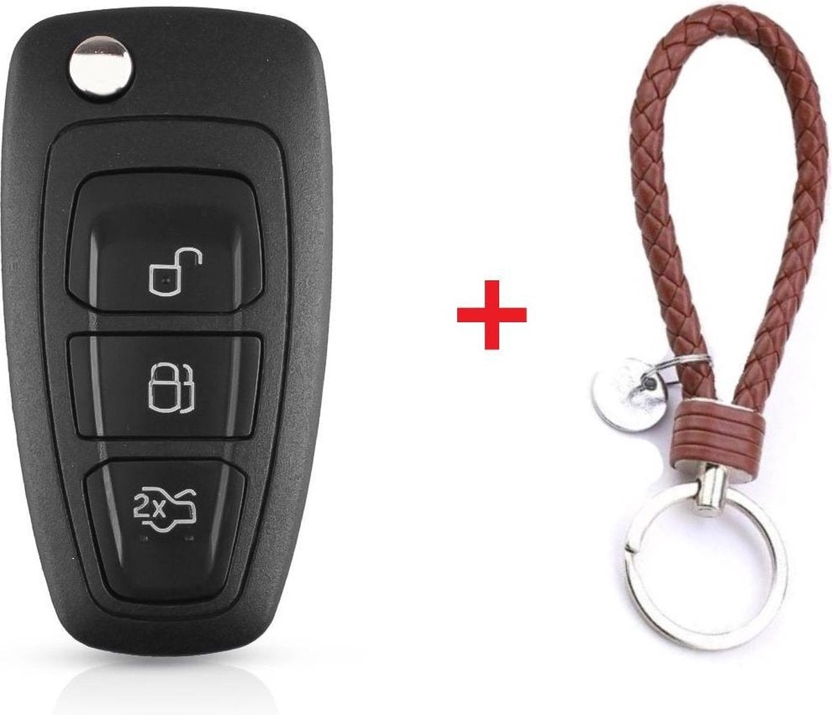 Autosleutel 3 Knoppen HU101BRS8 geschikt voor Ford sleutel / Focus / Ford Galaxy / Ford S Max / Ford Tourneo / Ford Transit / Ford sleutel + gevlochten bruin PU-lederen sleutelhanger.