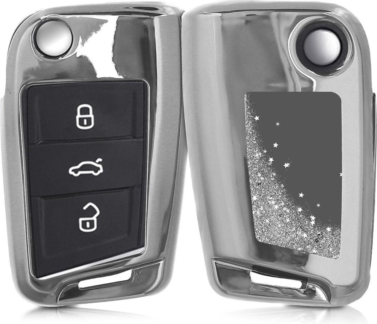 kwmobile autosleutelhoesje voor VW Golf 7 MK7 3-knops autosleutel - sleutelcover van TPU in zilver / metallic zilver - Sneeuwbol met Sterren design