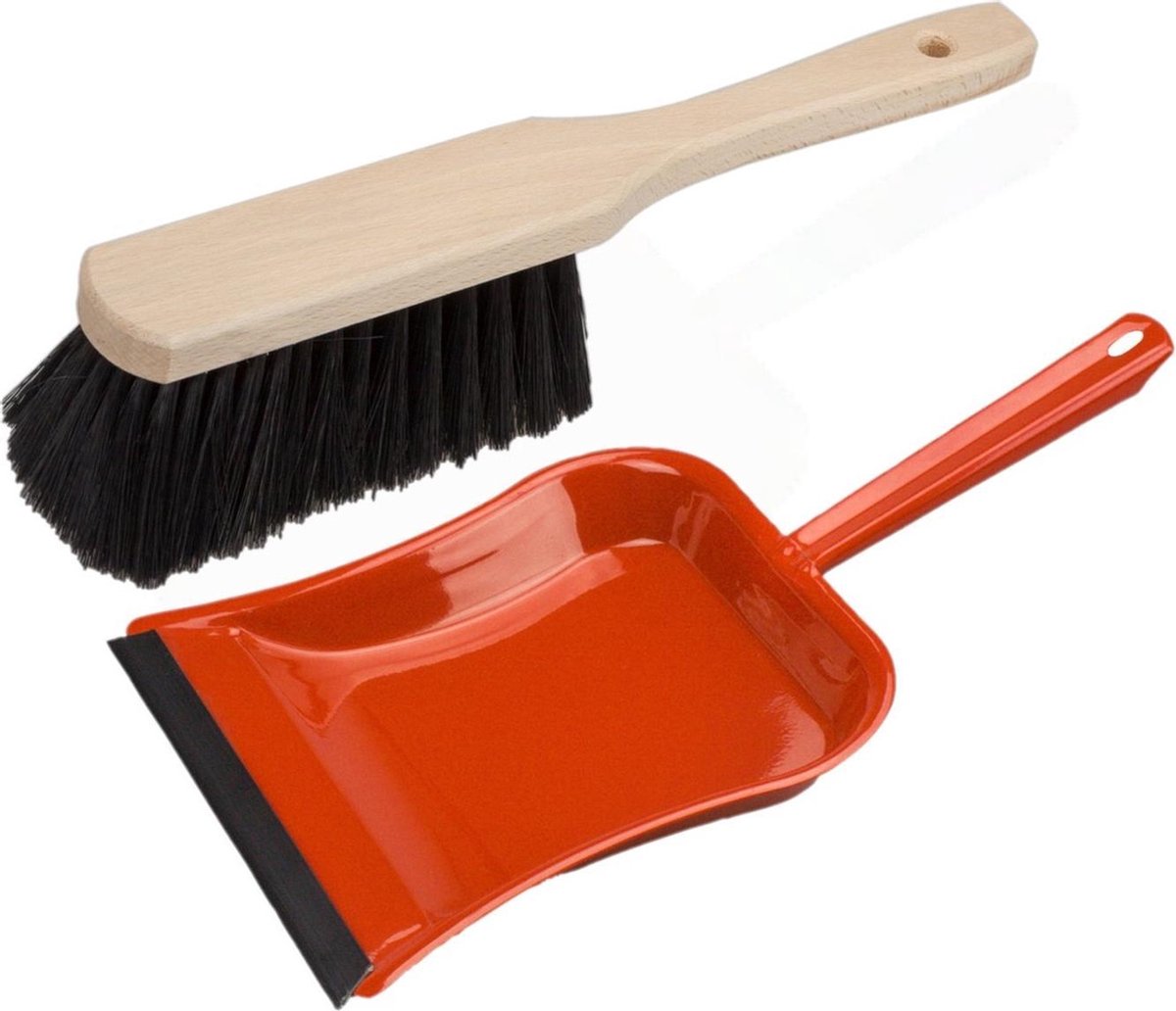 Stoffer en blik rood van metaal/hout met lip voor binnen - Zachte borstel/handveger