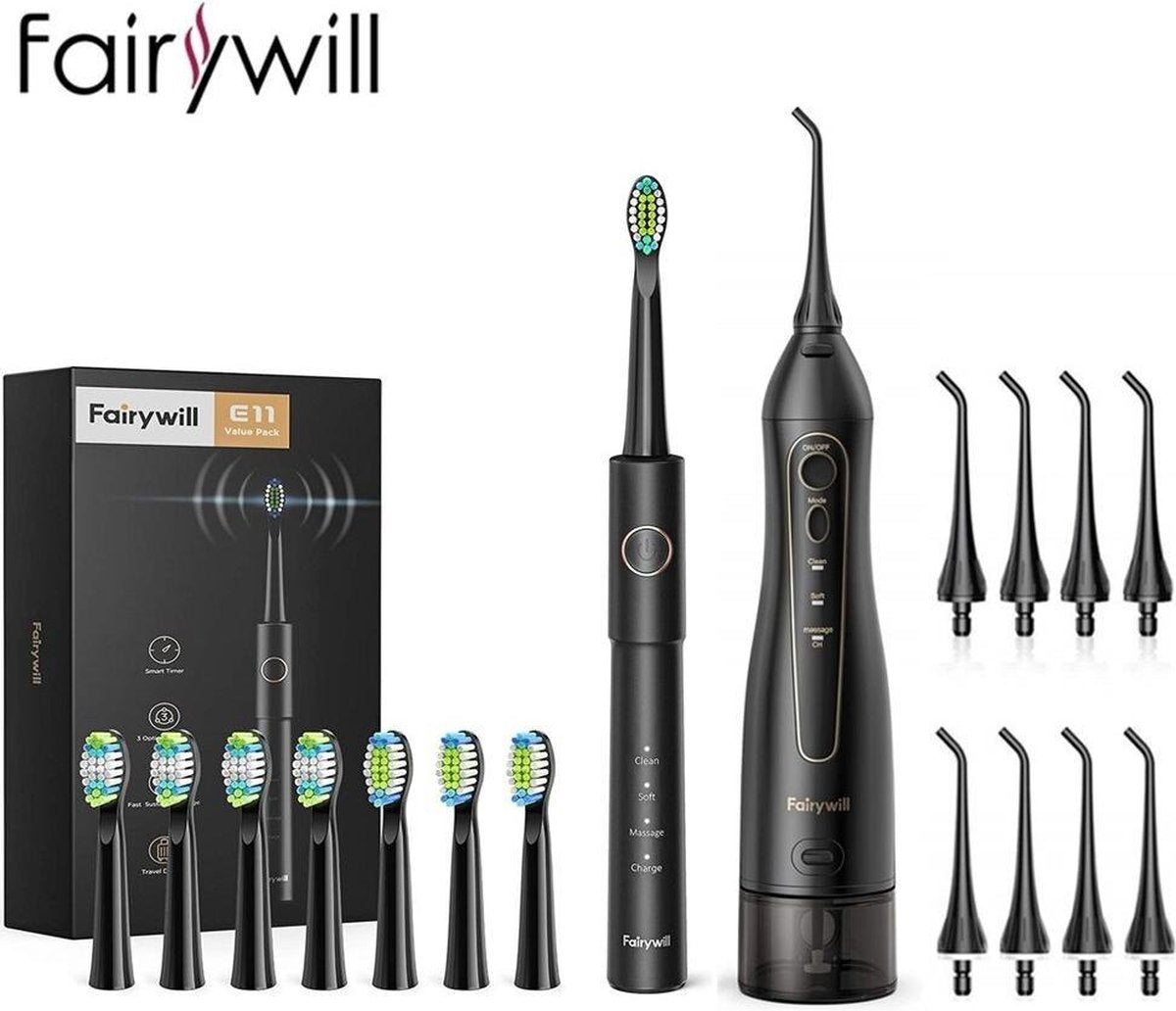 Fairywill® Waterflosser en Electrische Tandenborstel Set - 300 ML Reservoir - Waterpick - Extra opzetstukjes inbegrepen