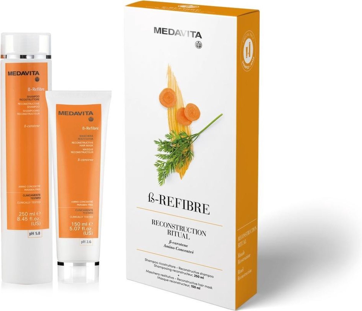 Medavita B-refibre natuurlijke herstellende shampoo 250ml en conditioner 150ml | elegante duo box | voor beschadigd haar