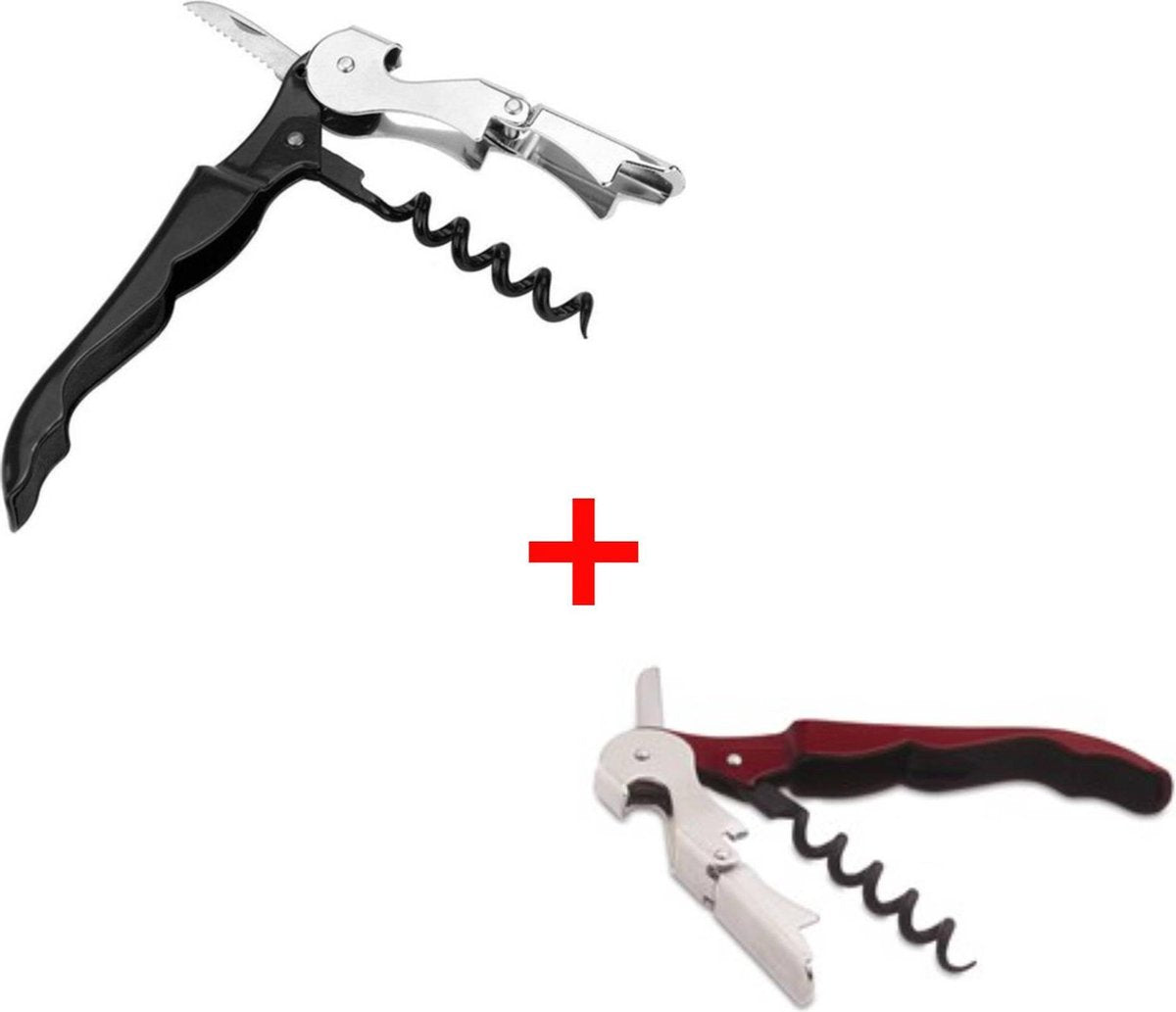 Duo pack - Kurkentrekkers - Bieropeners- Flesopeners Zwart en Rood - Corkscrews - Sommeliers- Blikopeners- Roestvrijstaal- Wijn openers