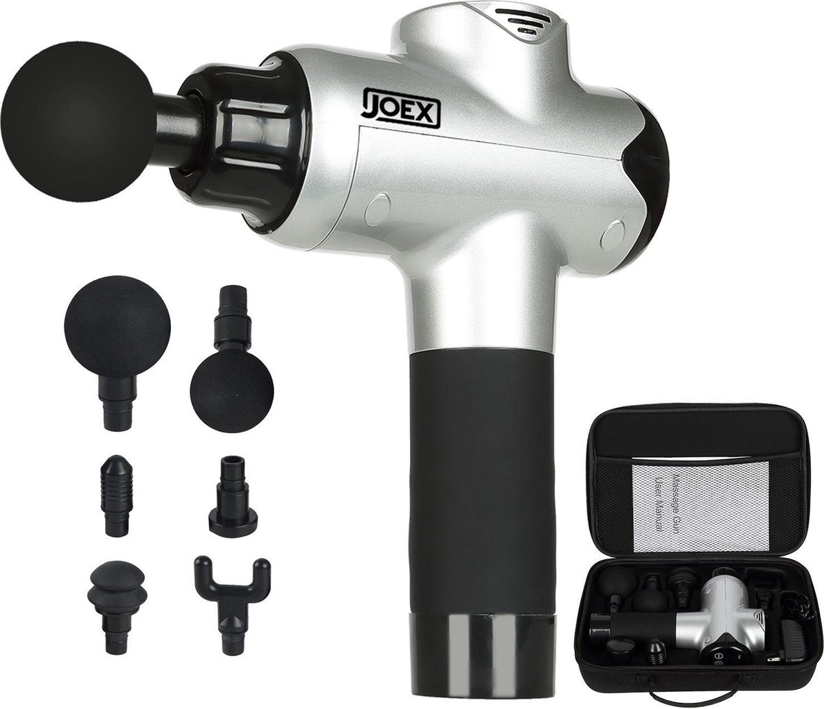 Joex Massage Gun Zilver - Inclusief Luxe Draagkoffer – Krachtige accu -Tegen Spierpijn / Chronische Pijn / Blessure - Spierstimulator Massageapparaat-  Inclusief Luxe Draagkoffer
