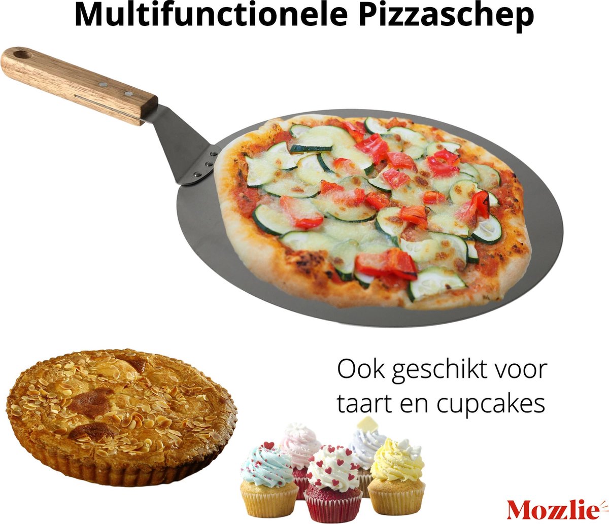 Pizzaschep 30 cm voor oven of BBQ - rond - RVS - met houten handvat