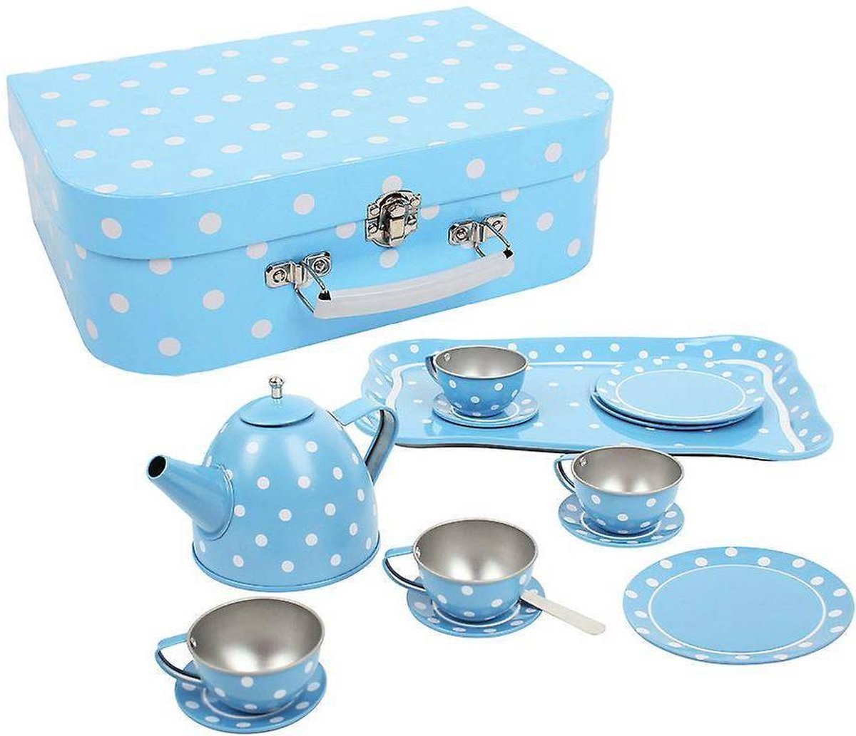 Bigjigs blikken servies blauw/wit in koffer serviesje