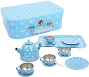 Bigjigs blikken servies blauw/wit in koffer serviesje