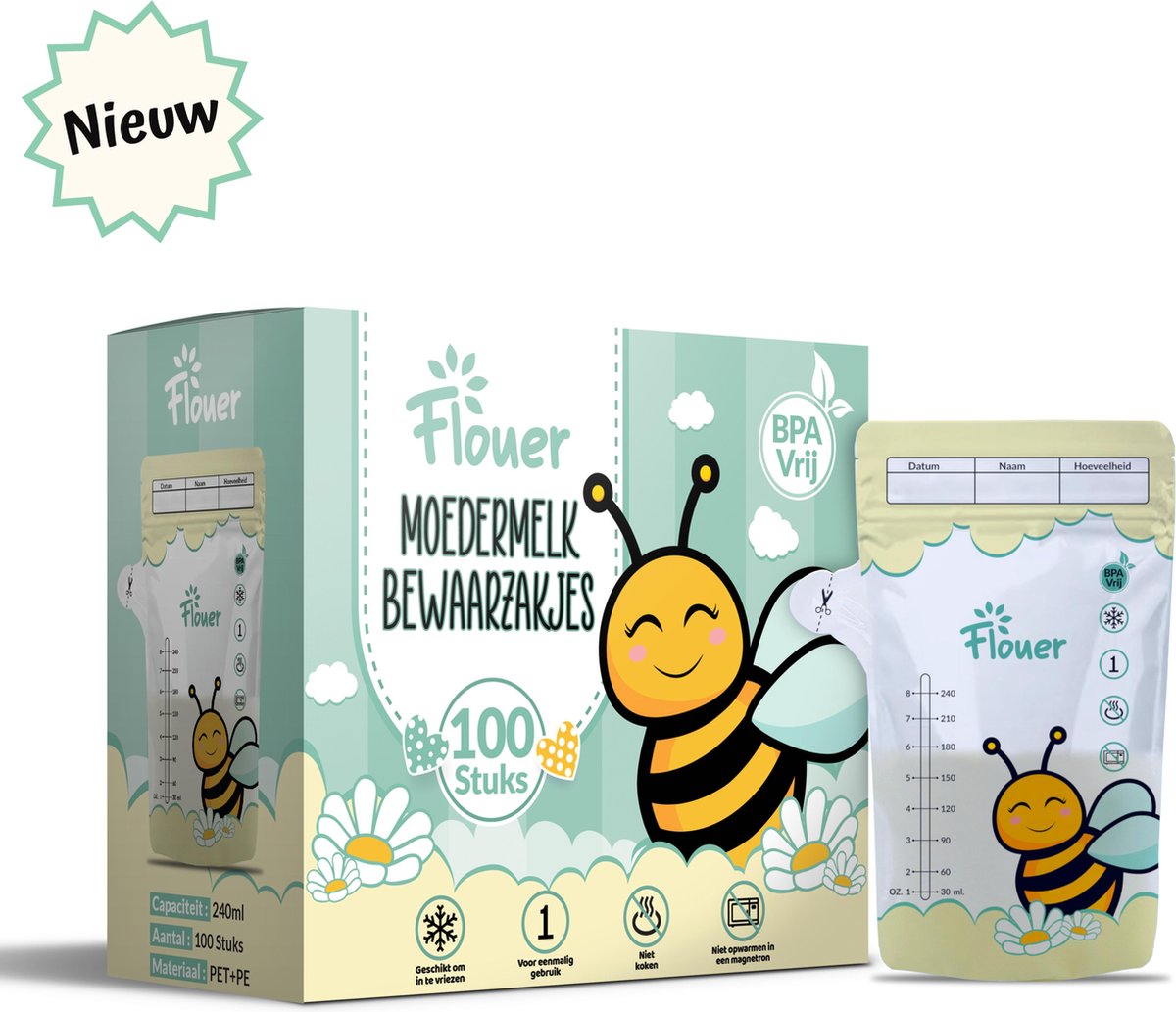 Flouer Moedermelk Bewaarzakjes met Schenktuit - Extra Groot - 240 ml - 100 Stuks - Borstvoeding Bewaarzakje - Borstvoeding Zakjes