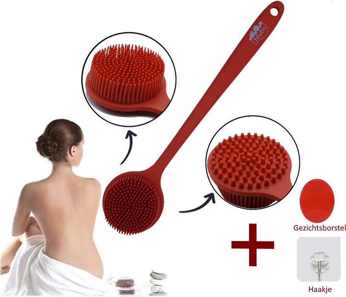 Blubs® – Badborstel – Dry brush – Rug Scrubber – Lichaamsborstel – Rugborstel douche met steel – Huidborstel – Rugborstel kunststof – Badborstel met steel – Doucheborstel met steel – Siliconen borstel – Droogborstel – Massage – Rood