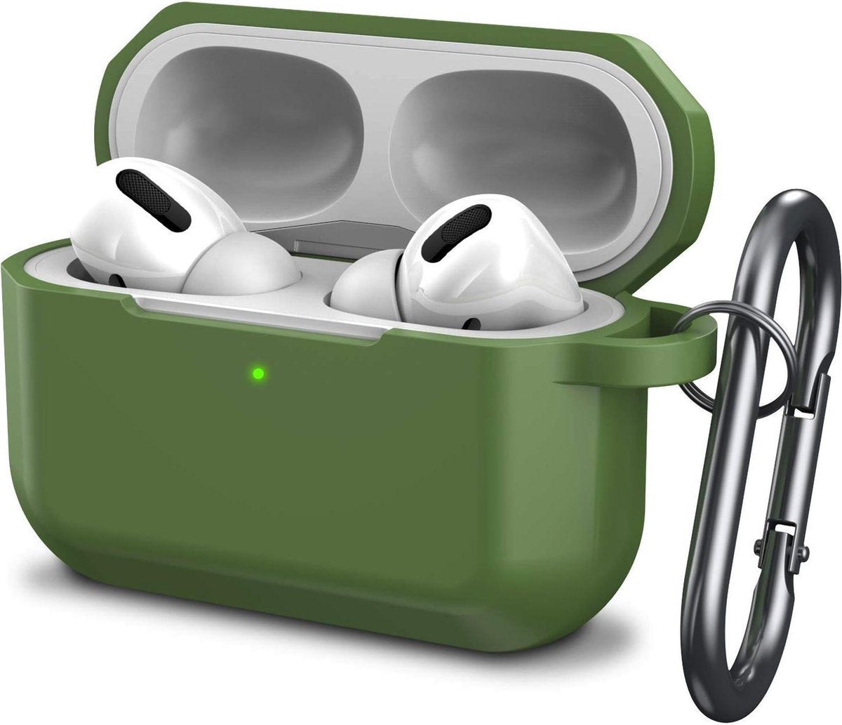 Airpods Pro Case - Siliconen Hoesje met Clip - Leger Groen