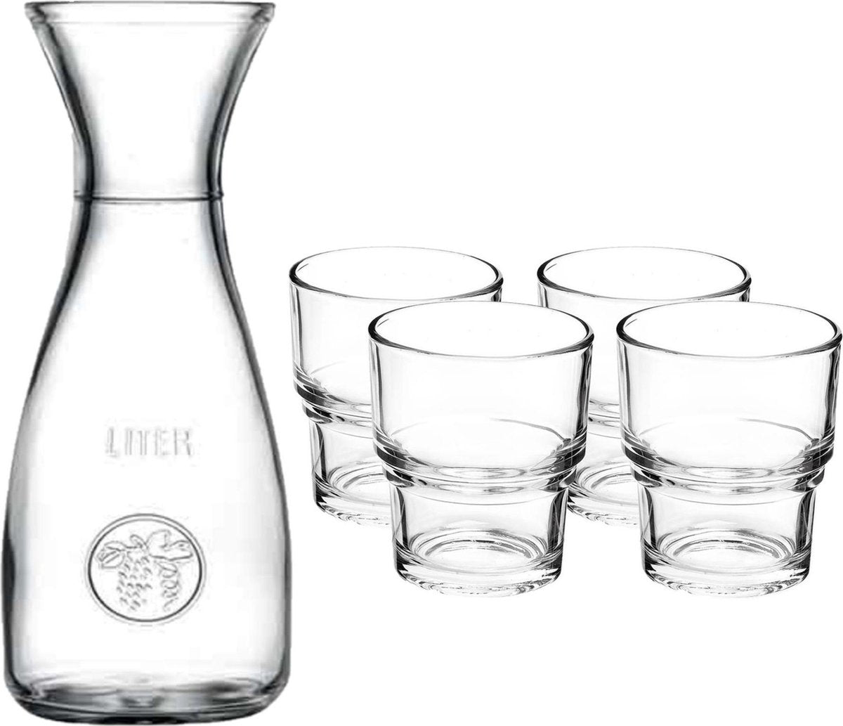 Glazen karaf/schenkkan met deksel van 1 liter met 4x stuks drinkglazen/waterglazen 210 ml