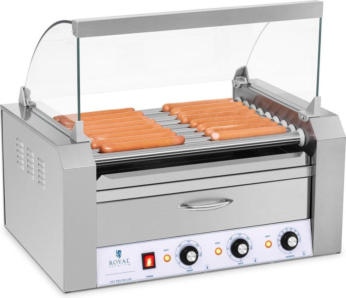 Royal Catering Hotdog Grill - 9 rollen - Warmhoudlade - Roestvast staal