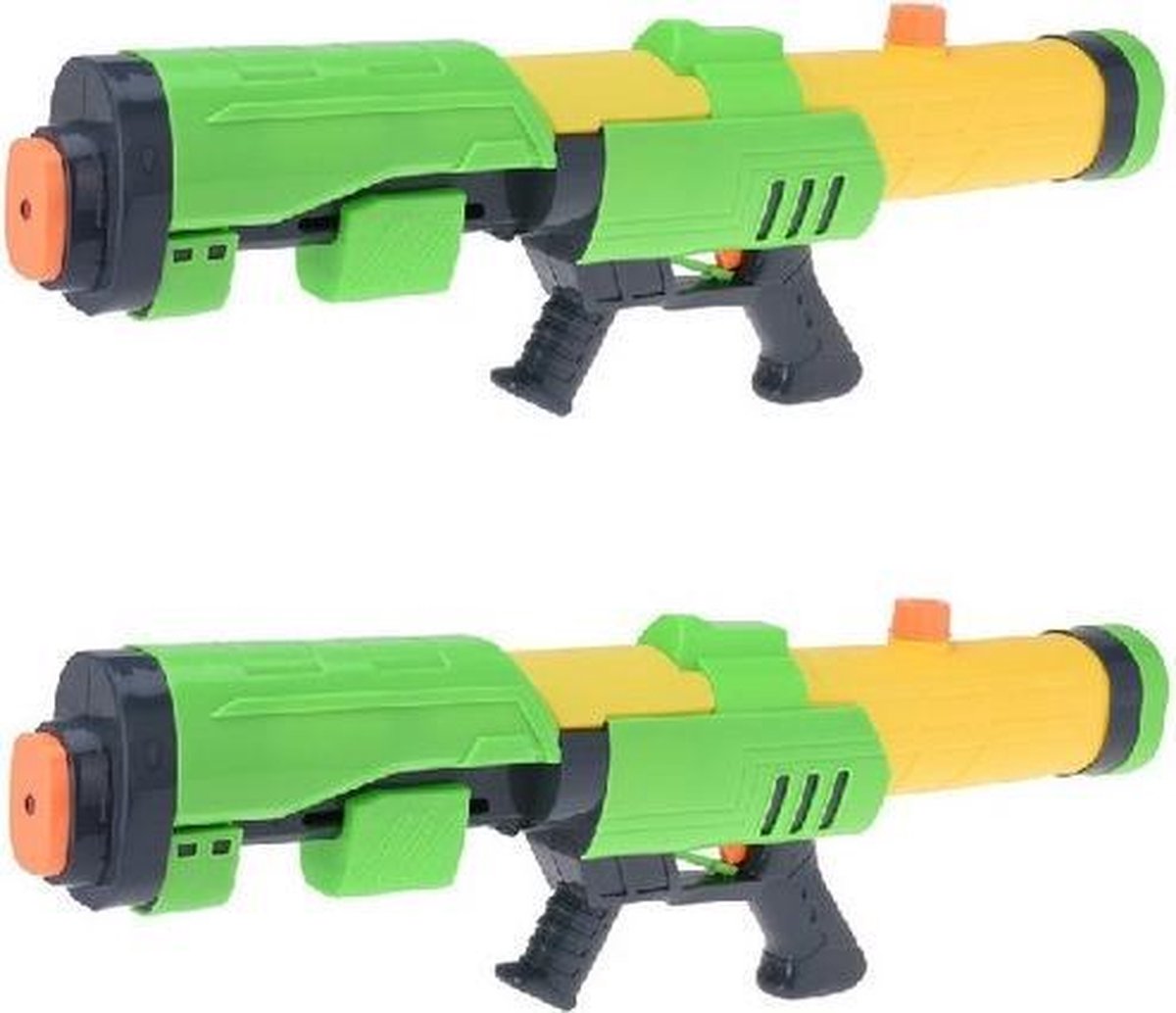 2x Waterpistolen/waterpistool groen/geel van 63 cm met pomp kinderspeelgoed - waterspeelgoed van kunststof - grote waterpistolen met pomp