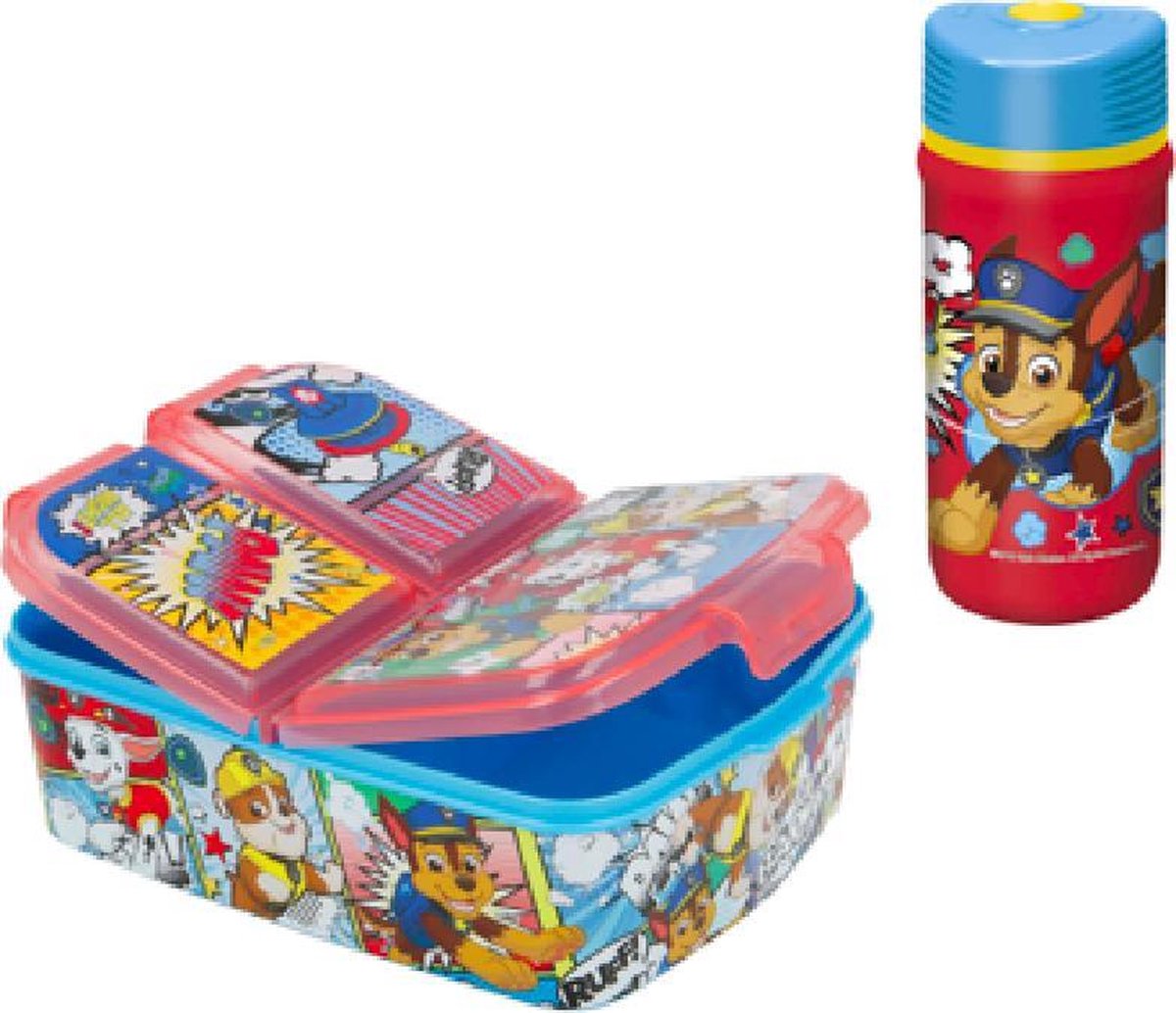 Paw Patrol 3 compartimenten brooddoos (18 cm - 13 cm - 6 cm) + Drinkfles (15 cm hoog - 390 ml)
