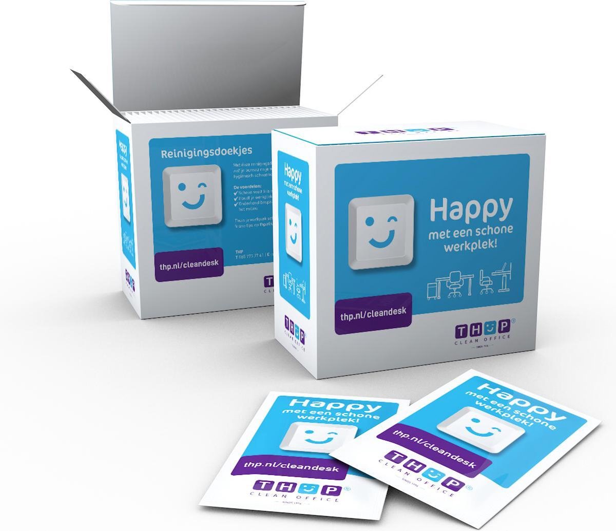 Maandbox 30 X Professionele reinigingsdoekjes voor o.a. bureau/werkplek/bureaustoel/kantoor van THP - Clean Office - 30 stuks in displaydoos - Happy met een schone werkplek