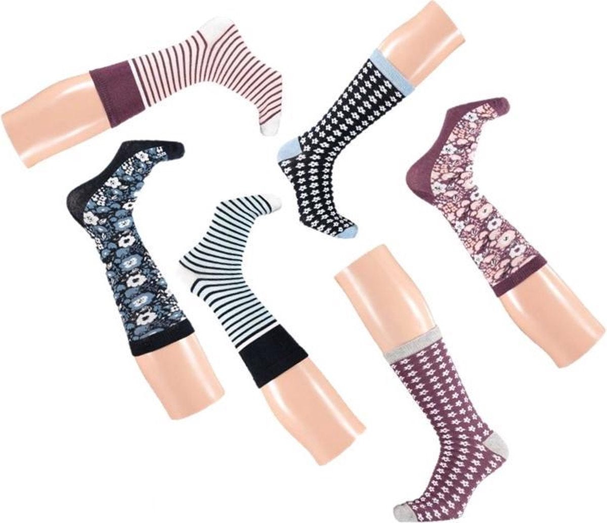 SOX Dames sokken in katoen met fantasie bloem/streep Marine/jeans en Roze/bord. 6 PACK 37/42 zonder teennaad