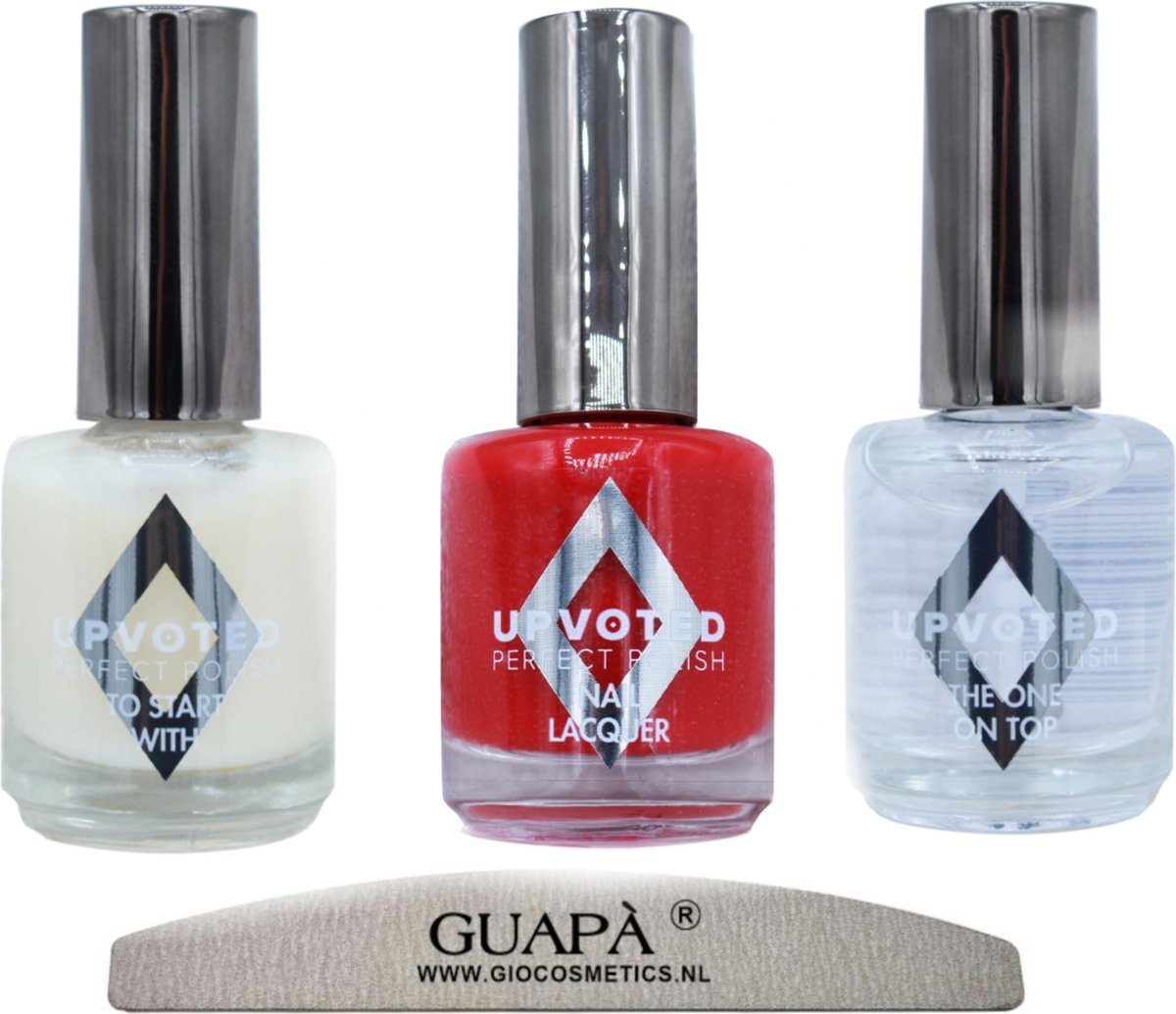 GUAPÀ® Nagellak set + nagelvijl | Zomer Nagels | Rode nagellak 15 ml | Base Coat | Top Coat