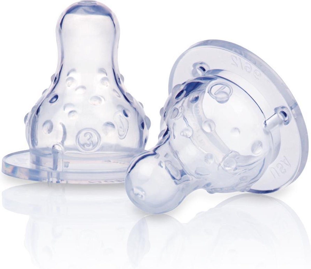 2P - Drie-standenspeen met noppen uit hoogwaardige silicone voor standaardflessen. 0m+