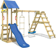 WICKEY Klimtoren voor tuin TinyLoft met schommel en blauwe glijbaan 