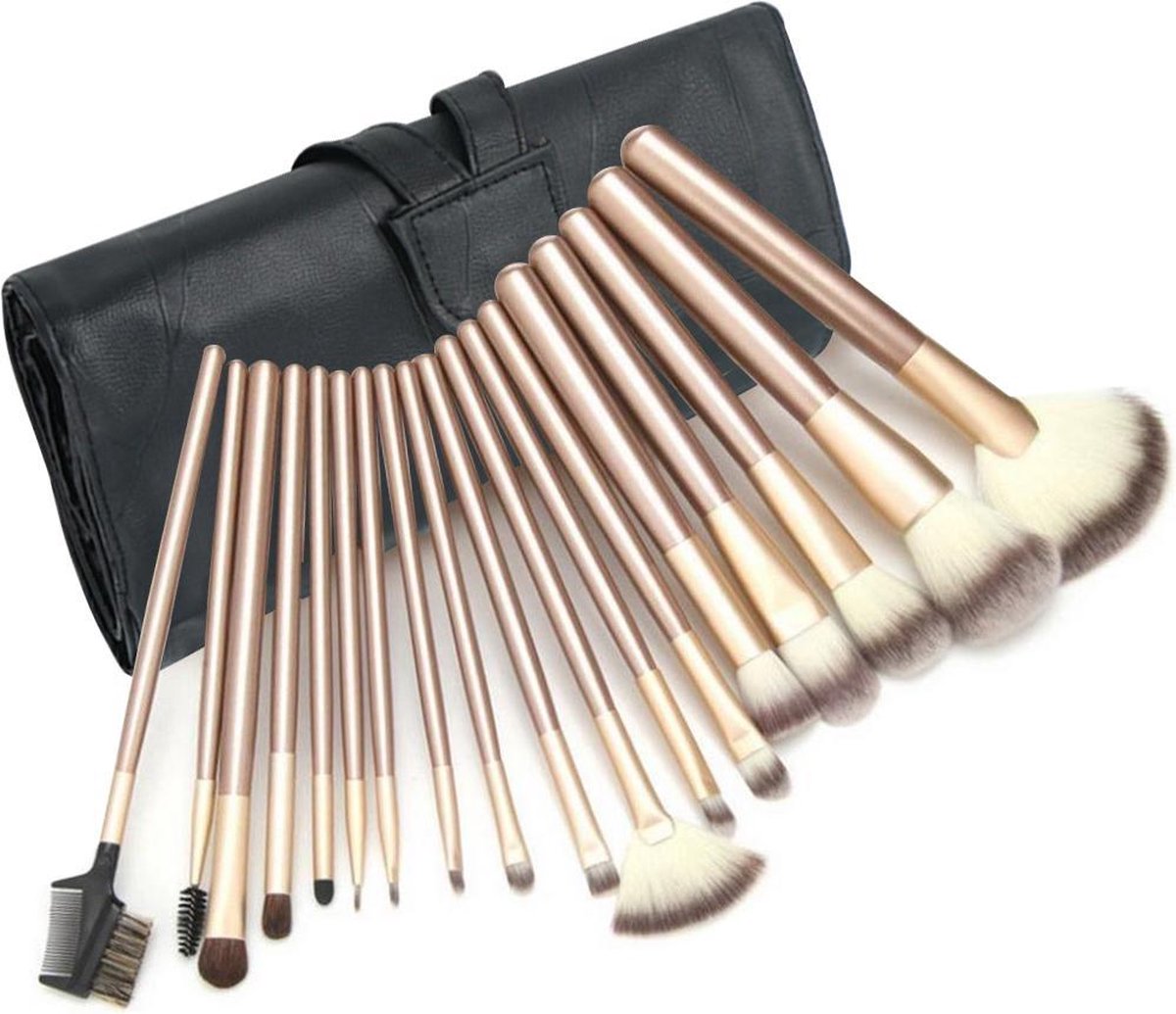 Evvie 18-delige make-up kwastenset - Beige/Goud - in zwart etui