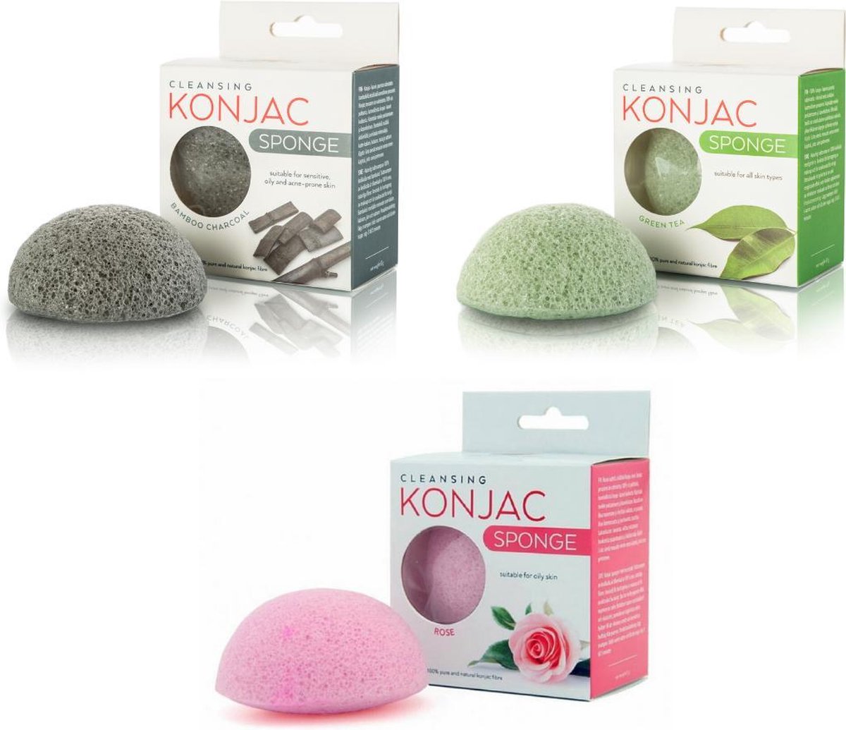 Konjac Spons  Green Tea - Bamboo Charcoal - Rose Flower - Face Wash - Natuurlijke Gezichtsreiniging  - Konjac Spons Rituals  - Facial Puff - Skincare - Makeup Remover Acne Mee-eters - 3 stuk