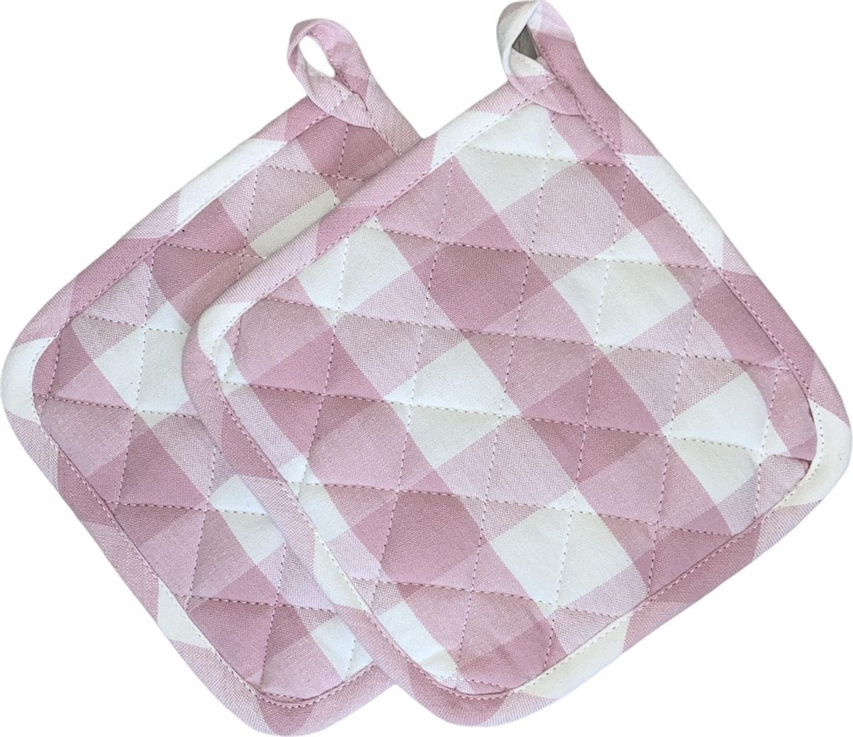 Pannenlappen 2 stuks | 100% Katoen | 20 x 20 CM | Hittebestendig | Grip | Roze | Wit | Geruit |