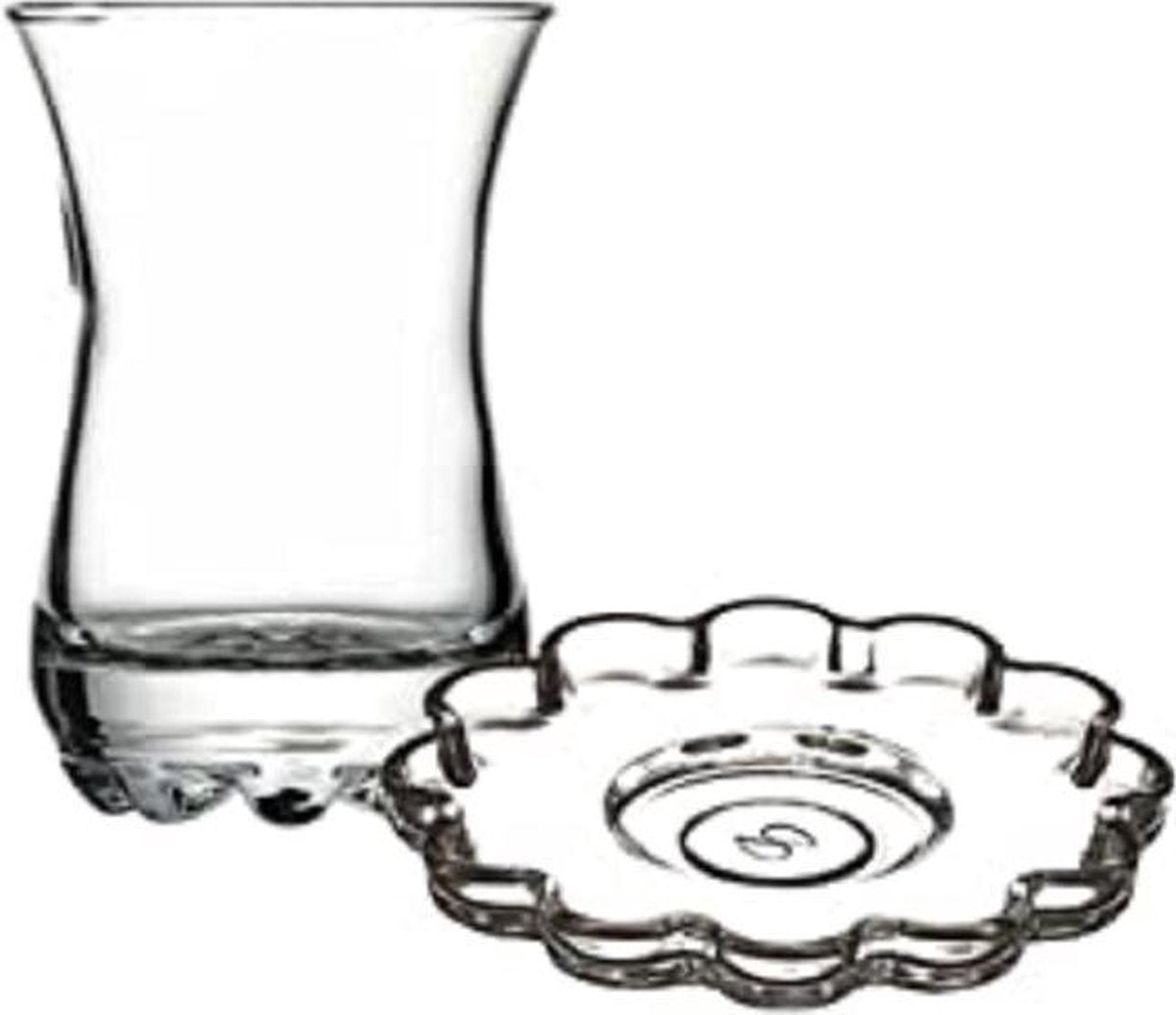 Pasabahce Cicek - Turkse Theeglazen met Onderzetters - Set van 6 - 110 ml