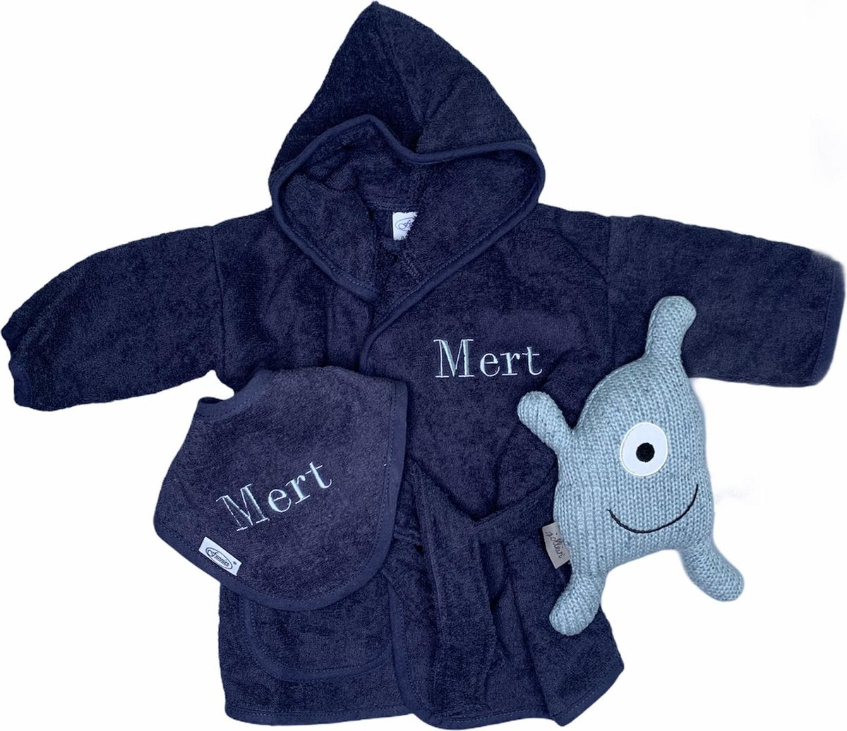 gepersonaliseerd kraamcadeau | funnies | jollein | badjas | bandana | knuffel | monster confetti | kraampakket | diverse kleuren | badjas + bandana + knuffel monster | kraamcadeau | badjas met naam | bandana met naam