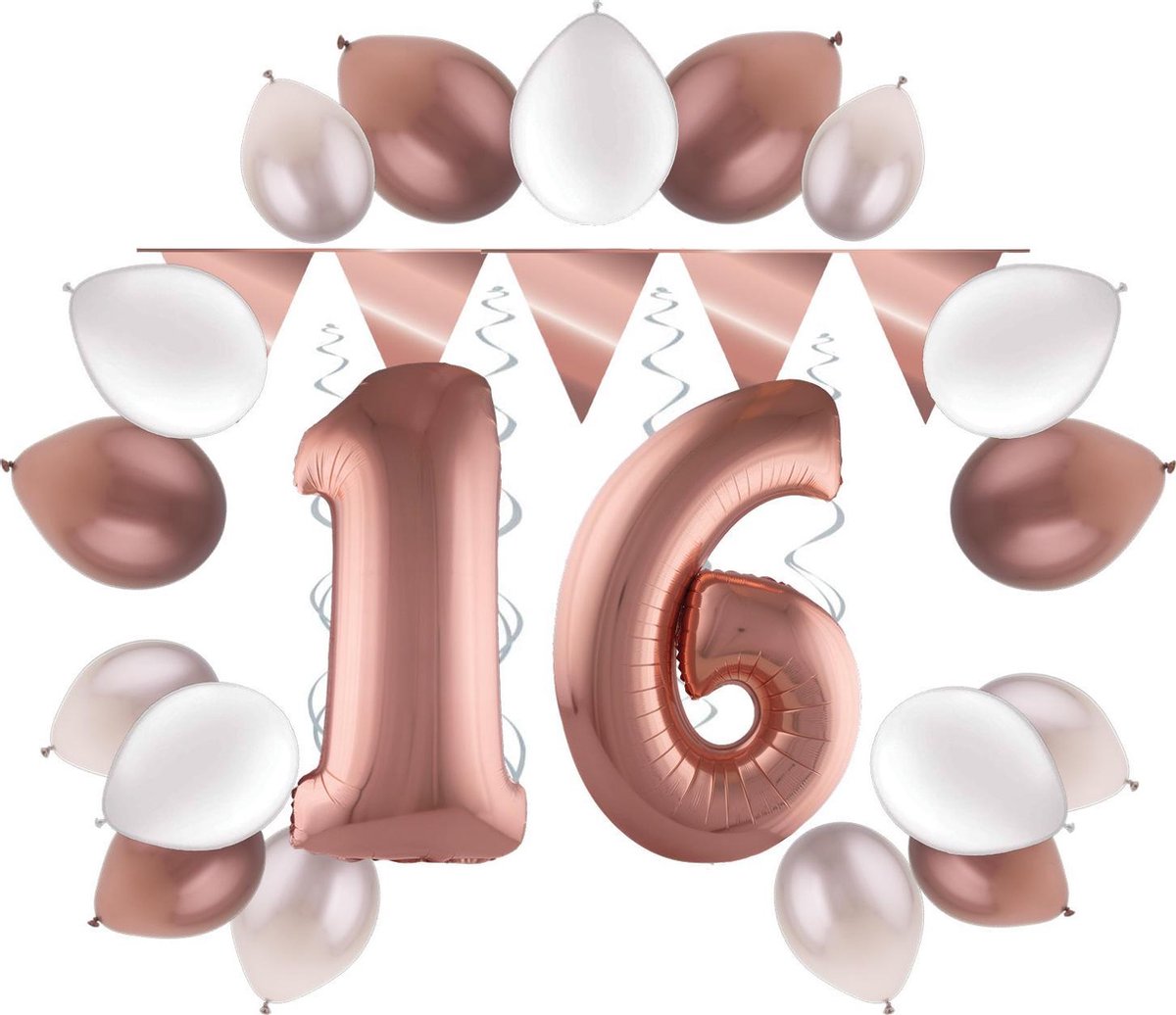 e-Carnavalskleding.nl Feestversiering pakket roségoud 16 jaar | Versiering 16e verjaardag | 16 jaar feestversiering pakket rosegoud compleet | Leuk pakket rosé met feestartikelen voor de 16e verjaardag Small