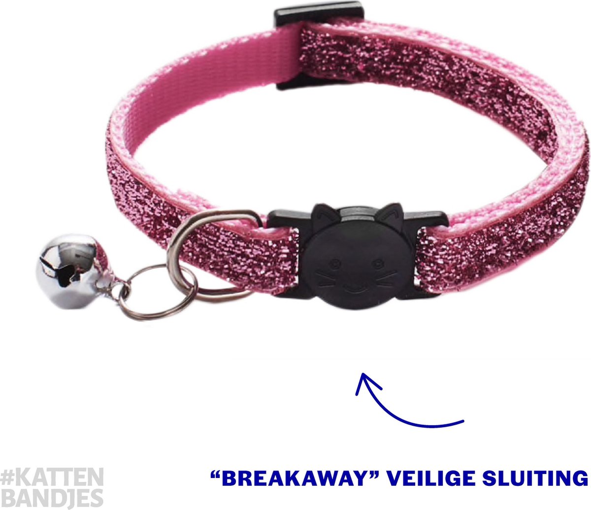 Halsband kat | Kattenhalsbandje glitter roze | Kitten | Kattenhalsband met veiligheidssluiting en belletje