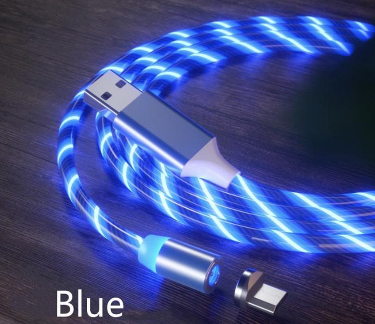 Lichtgevende Magnetische USB oplaadkabel Micro USB - Oplaadkabel lichtgevend - Android oplader - Flowing light USB cable - 1 meter - Blauw